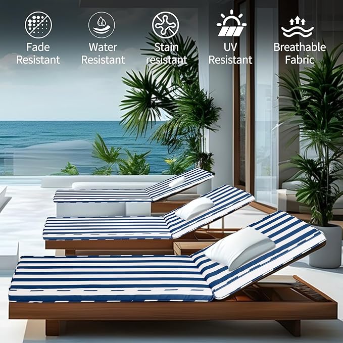 Outdoor Chaise Lounge Cushions for Patio, 72"x22"x3" Lounge Chair Cushions Set of 2, Waterproof Replacement Seat Cushions for Outdoor Furniture