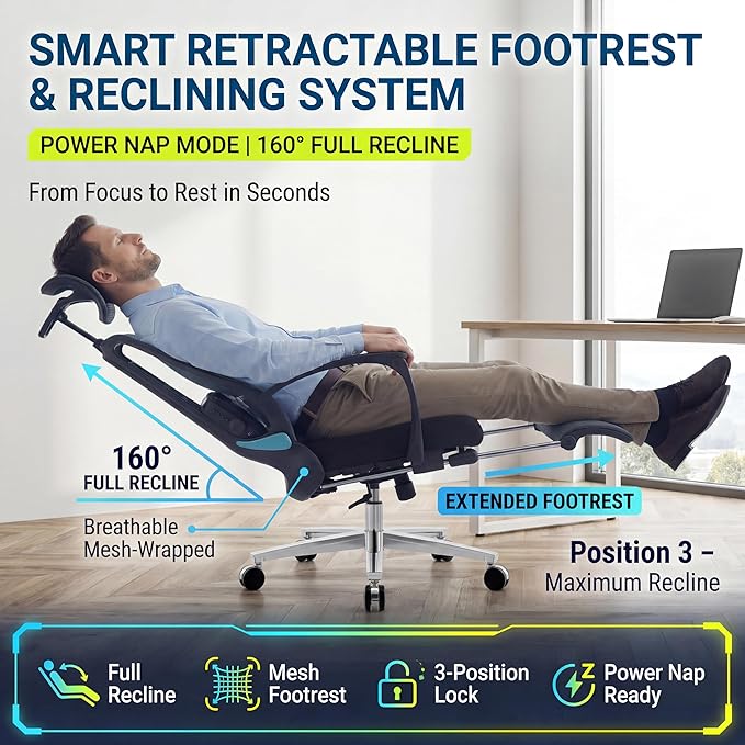 Ergonomic Office Chair with Footrest & Adjustable Lumbar Massager, High Back,Big and Tall,Desk Chair with 5D Headrest, Reclining Swivel Rolling Mesh Chair for Home Office, 400LBS (Black)