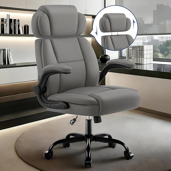 AreShark Ergonomic Office Chair with Lumbar Support, 400lbs Heavy Duty Big and Tall Executive Desk Chair, PU Leather High Back Computer Chair with Flip-Up Arms & Adjustable Headrest, Gray