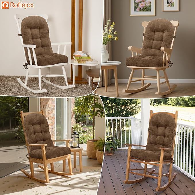 Rocking Chair Cushion - Chenille Fabric, High-Density Sponge, Durable Comfort Non-Slip Bottom Tufted Seat Pads with Ties, Chenille︱Brown, 44x19x4 inch