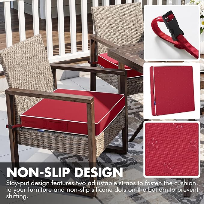 MIULEE Red 24 x 24 x 4 Outdoor Chair Cushions Waterproof Patio Chair Cushions with Adjustable Straps Set of 2 for Patio Furniture 3-Year Color Fastness Garden Sofa Couch