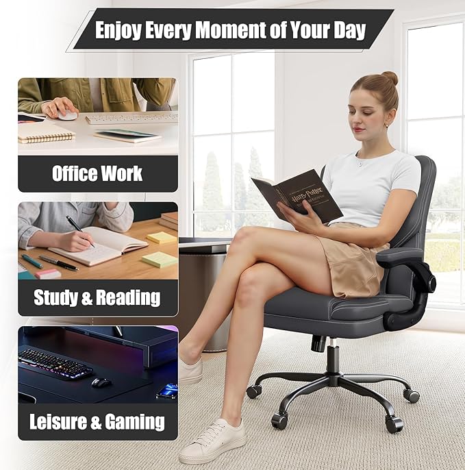 Ergonomic Office Chair with Flip-up Armrests, 300lbs Mid Back Computer Office Desk Chair with Lumbar Support, Executive Leather Chair with Rocking Function Adjustable Height for Home Office