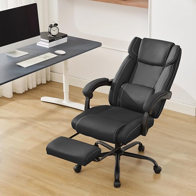 Reclining Office Chair with Footrest,Ergonomic Home Office Desk Computer Chair with Lumbar Support,Thick Executive Leather Chair,90-155° Adjustable (Black)