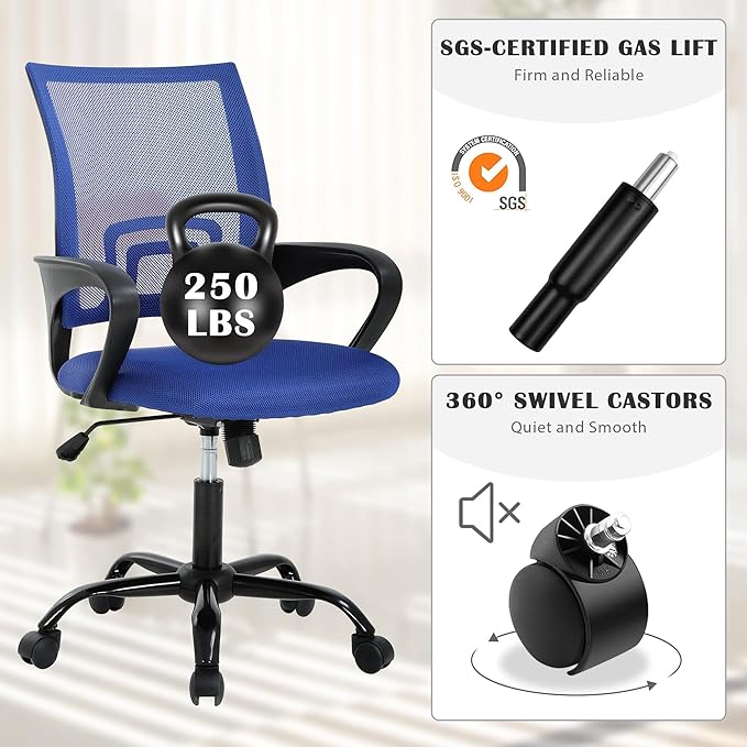Adjustable Computer Chair With Lumbar Support, Breathable Mesh Backrest for Home Office, Student, Adults, Study, Dorm - Small Desk Chair, Blue