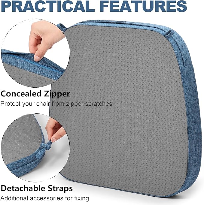 Shinnwa Chair Pads for Dining Chairs Set of 6, Non-Slip Kitchen Chair Cushions with Detachable Straps and Machine Washable Cover, 6 Pack, 17x16x2in, Blue