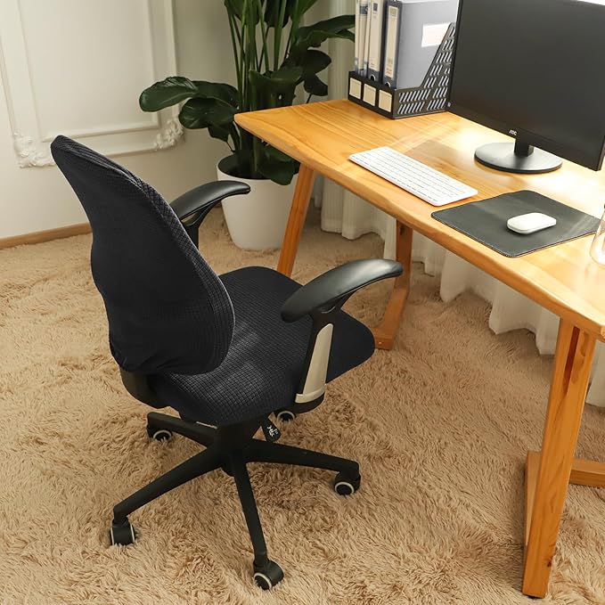 FORCHEER Desk Chair Cover Black Jacquard Stretch Office Chair Covers Two Piece for Split Office Chairs Water Resistant Washable