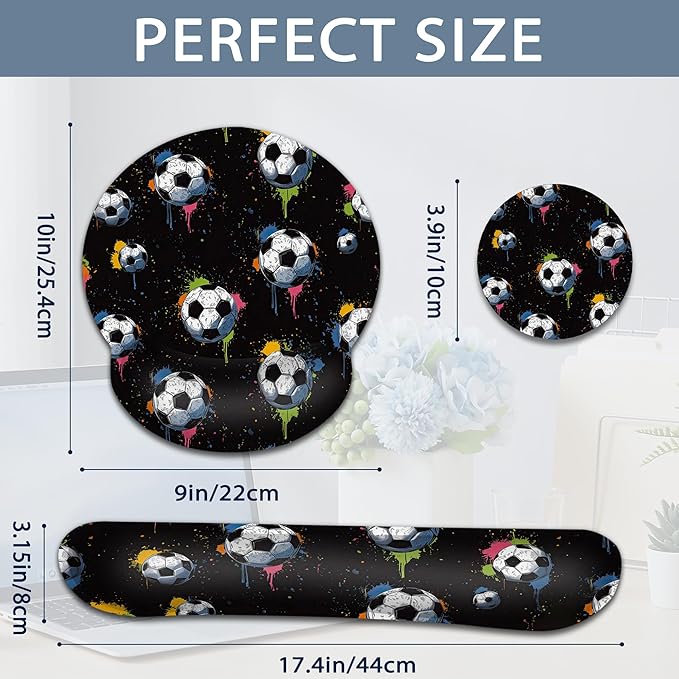 Soccer Keyboard Wrist Rest Pad Ergonomic Mouse Pad Set,3 in 1 Memory Foam Mouse Pad with Non Slip Base for Office and Home