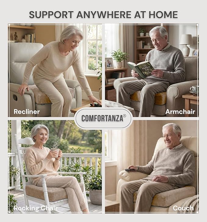 Medium-Soft 20x20x5 Memory Foam Recliner Chair Seat Cushion for Long Sitting - Armchair Pad with Washable Velvety Cover with Waterproof Layer & Non-Slip Base for Seniors & Elderly - Beige
