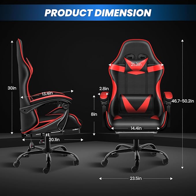 Gaming Chair, Ergonomic Computer Chair with Footrest and Lumbar Support, 90°–155° Reclining Backrest, Height Adjustable 360° Swivel Office Desk Chair for Adults and Kids