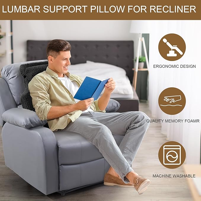 HOMBYS Sherpa Fleece Lumbar Support Pillow with Headrest for Recliner,Memory Foam Chair Cushion for Back Pain,Big High Back Support for Recliner with Chair Headrest for Elderly (Black)
