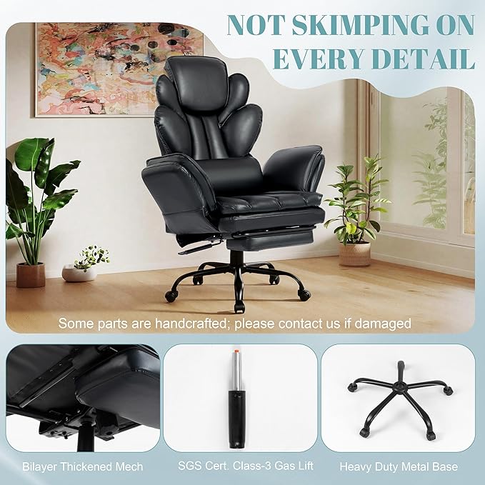 Big and Tall Office Chair, Flip Armrests Criss Cross Office Chair, Reclining Desk Chair with Foot Rest, Adjustable Headrest, Massage Waist Pillow Cross Legged Wide Seat Vanity Chair, PU Leather Black