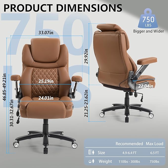 Big and Tall Office Chair 750lbs, Executive Office Chair with Adjustable Headrest&Lumbar Airbag Support, PU Leather High Back Heavy Duty Desk Chair 5D Flip Arms, Ergonomic Thick Spring Cushion, Brown
