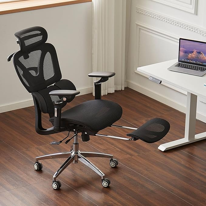 Ergonomic Mesh Office & Gaming Chair with Footrest, High Back Home Office Desk Chair, Comfortable 3D Lumbar Support, 130° Tilt, Adjustable Seat Depth, Adjustable 6D Armrest & 3D Headrest(Black Pro)
