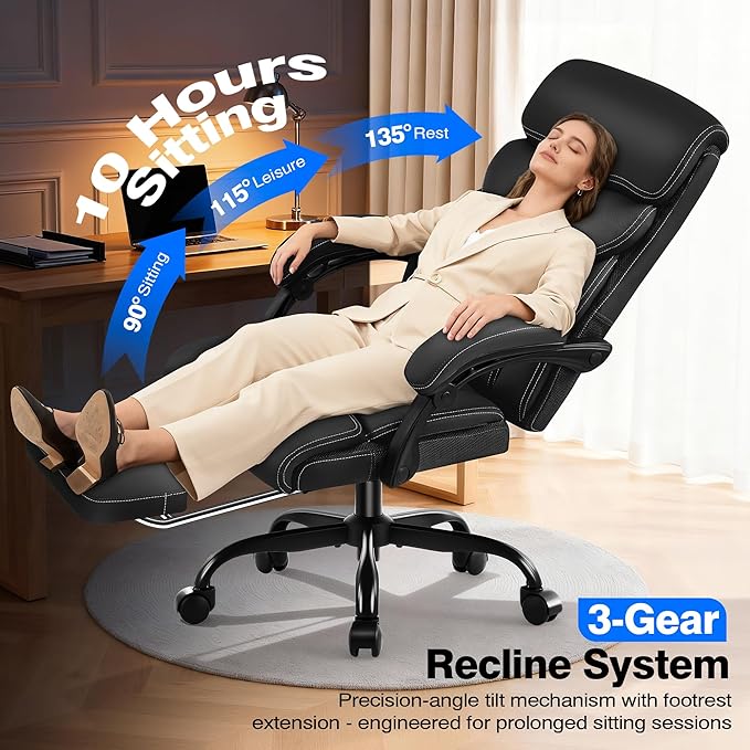 AreShark Ergonomic Office Chair with Footrest - High Back Executive Leather Desk Chair, Breathable Reclining Computer Chair with Lumbar Support, Heavy Duty Swivel Task Chair for Home Office & Gaming