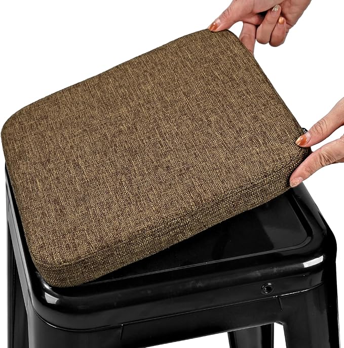 BUYUE Friendly Woven Fabric Magnetic Bar Stool Cushion 1 Piece, Enhanced Anti-Slip Breathable Small Chair Seat Pad for Café Bistro Stackable Metal Stool (Square, Brown, 1)