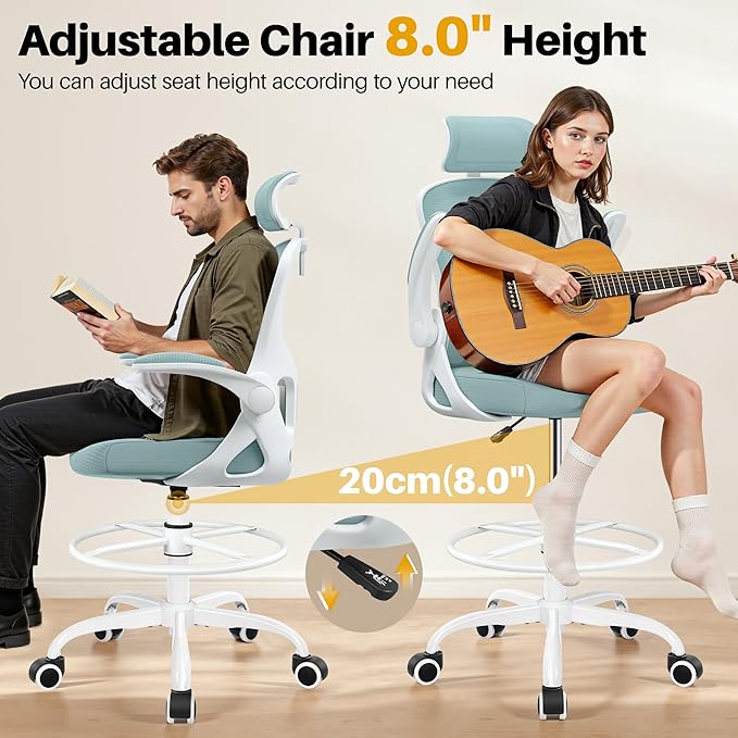 Drafting Chair, Tall Office Chair for Standing Desk, Ergonomic High Back with Headrest, Lumbar Support, Foot Ring and Flip-up Armrests, Light Blue