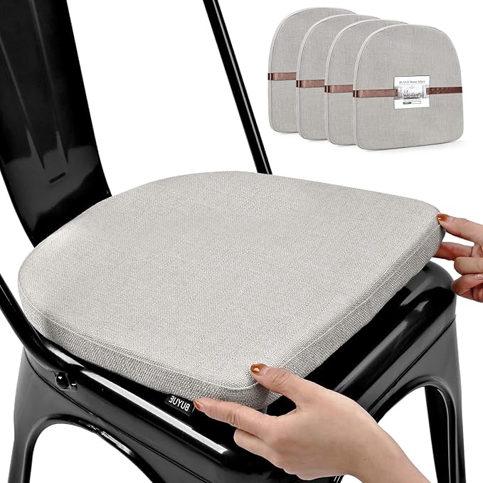BUYUE Friendly Woven Fabric 14x14 Magnetic Cushions for Metal Chair Set of 4, Enhanced Anti-Slip Seat Pads for Dining Kitchen Café Stackable Chairs (U-Shape, Light Grey, 4 Counts)