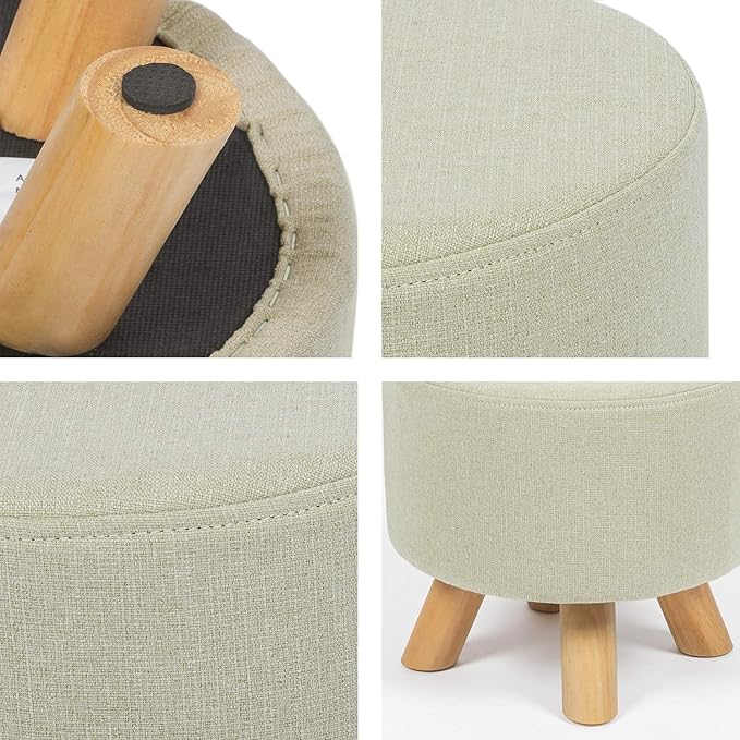 Homebeez Round Ottoman Foot Rest Stool, Small Fabric Footstool with Non-Skid Wood Legs, Beige