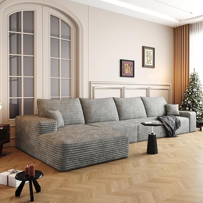 135" Corduroy Couch Sectional with Chaise, L Shape Boneless Cloud Couches for Living Room Bedroom, Modular Corner Couch, Fluffy Deep Seat Compression Sofa, Left Facing Chaise, No Assembly, Grey