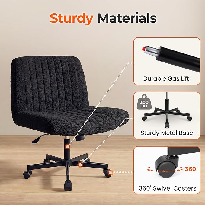 Orange Factory Criss Cross Chair Wheels Vanity Chair Office Desk Comfy Wide Cross Legged Armless Teddy Fabric Adjustable Swivel for Home Computer Task (Black, Teddy Fleece)