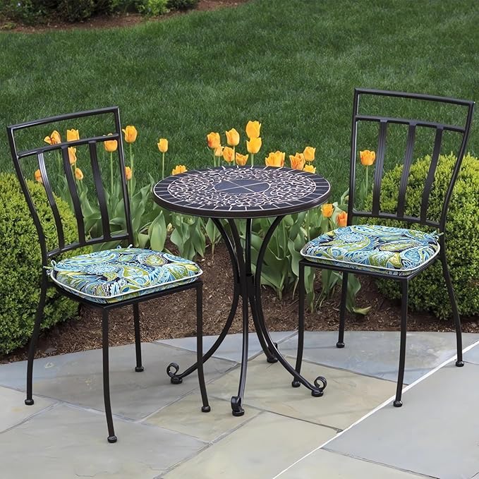 DYTXIII Set of 2 Outdoor Chair Cushions with Ties,Water Repellent Patio Chair Pads 17"x 16" for Outdoor Furniture,Round Corner Seat Cushions for Garden Yard Kitchen Paisley Lapis Green