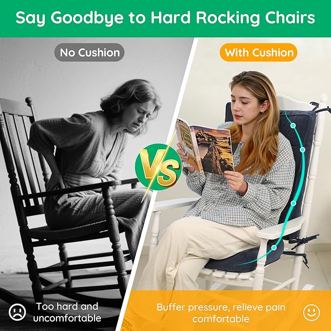 Rocking Chair Cushion - Non-Slip Thick Rocking Chair Pad Indoor with Ties High-Back Rocker Cushion Set for Porches Balconies Nurseries & Living Rooms