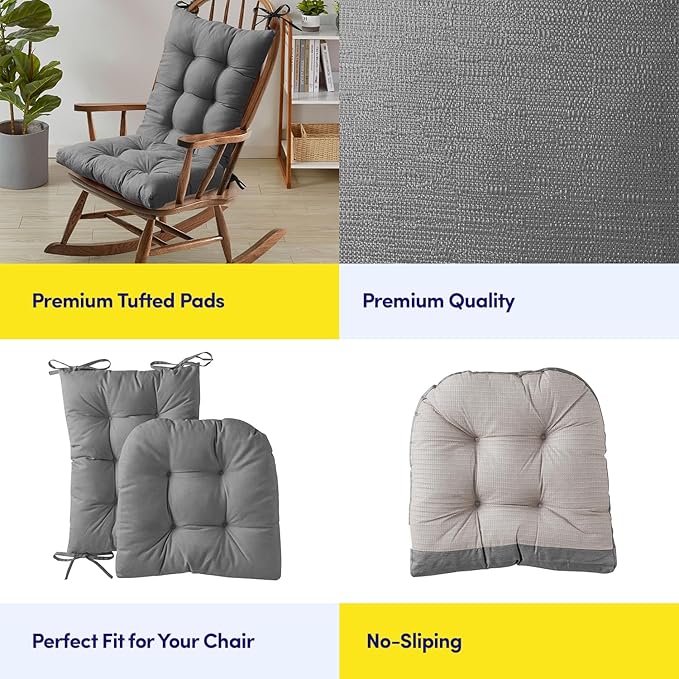 Sweet Home Collection Rocking Chair Cushion Premium Tufted Pads Non Skid Slip Backed Upper and Lower with Ties, 2 Piece Set, Gray (Pack of 1)