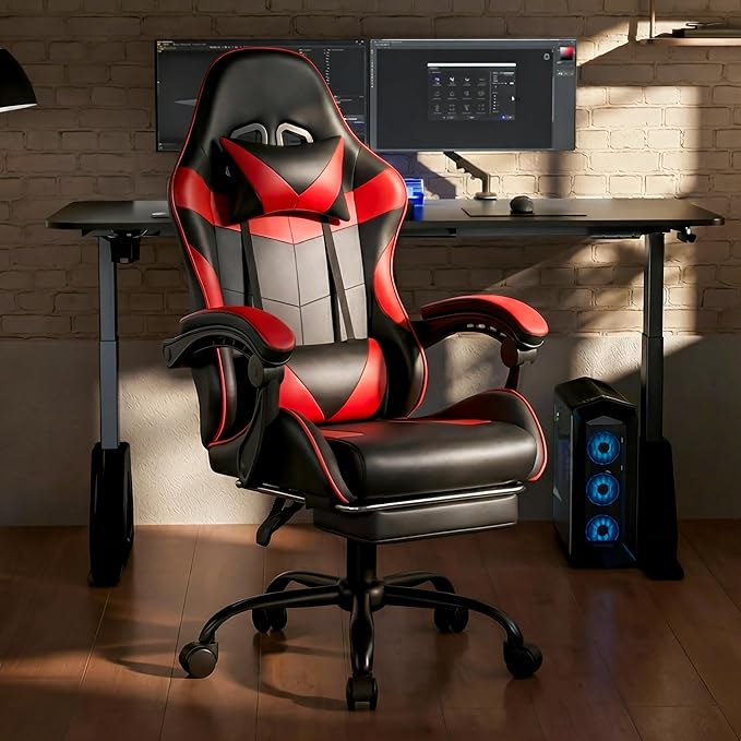 Gaming Chair, Ergonomic Computer Chair with Footrest and Lumbar Support, Height Adjustable Office Chair with 360° Swivel Seat and Headrest (Red & Black)