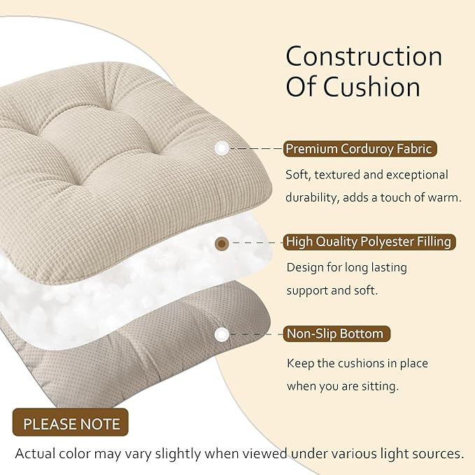 ELFJOY Dining Chair Cushions 1 Piece Thick Non Slip Kitchen Chair Pads with Ties Comfortable Indoor Kitchen Seat Cushions 18" x 18" x 3" Beige