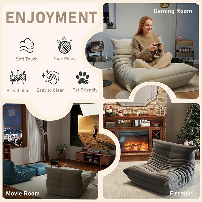Trenda Bean Bag Chairs for Adults - Comfy Foam Bedroom Floor Sofa, Adult Size with Soft Velvet Boneless Beanbag Couch, Versatile for Living Room, Dorm, College,Reading & Gaming (White)