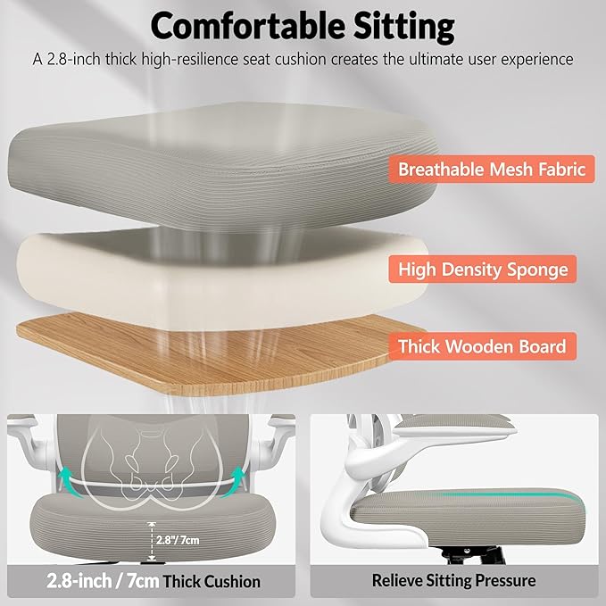 BESTFAIR Office Chair Ergonomic Desk Chair, Breathable Mesh Comfy Chair with Lumbar Support, Computer Chair, Home Desk Chair with Flip-up Armrests, Gaming Chair for Adults Home Office