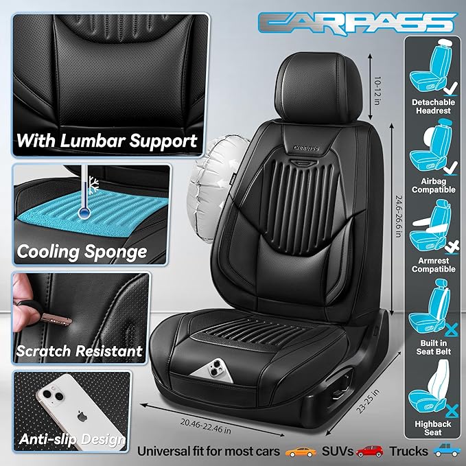 CAR PASS Luxury Nappa Leather Car Seat Covers Full Set, Lumbar Support Seat Covers for Car 5 Seats, Waterproof Car Seat Protector, Automotive Seat Covers Universal Fit for Most Sedans SUV Trucks Black