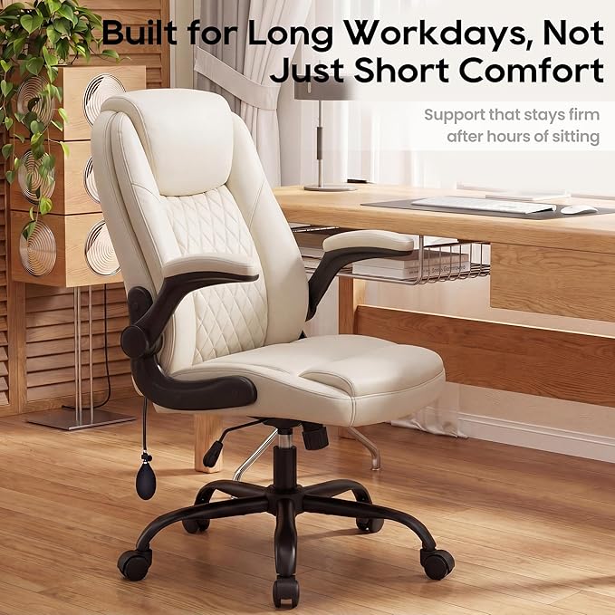 MALOL Leather Office Chair, Home Desk Chair with Adjustable Lumbar Support, Thick Cushion, Flip-Up Arms and Ergonomic Back, Comfy Executive Office Chair for Home Office,Beige