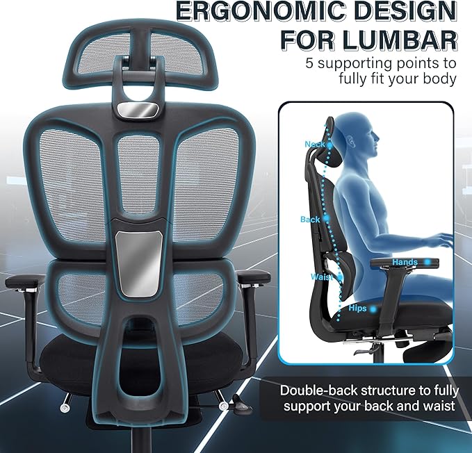 Ergonomic Office Chair with Foot Rest, High Back Computer Office Chair with Dynamic Lumbar Support, 2D Headrest, 4D Armrest, Sponge Seat, Mesh Home Office Desk Chair for Adults, Black