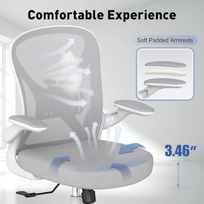 Ergonomic Office Chair, Mesh Fabric Home Office Chair with Adjustable Lumbar Support, 360° Swivel, and Flip-Up Armrests, Grey