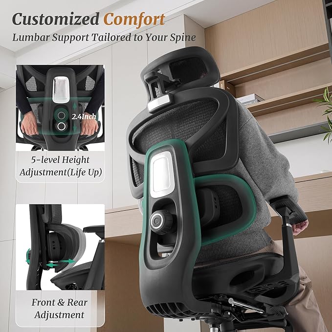 Cozyman Ergonomic Office Chair with Footrest - 5-Level Adjustable Lumbar Support & 90-135°Recline, 3D Headrest & 4D Armrests, Breathable Mesh Seat Computer Chair for Home Office, Gaming, Black