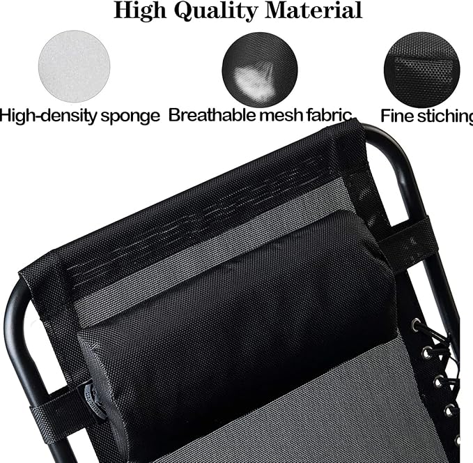 Zero Gravity Chair Set of 2 Replacement Pillow Headrest with Elastic Band, Universal Soft Removable Padded Cushion Head Pillow for Zero Gravity Lounge Folding Patio Lawn Recliner Chairs, Black