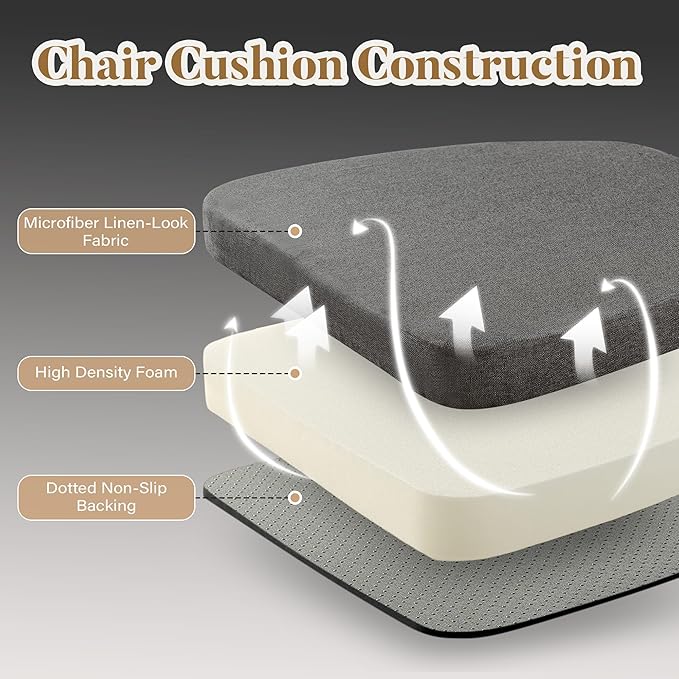 Chair Cushions for Dining Chairs Set of 6, D-Shaped Chair Pads with Non-Slip Bottom, Kitchen Seat Cushions with Removable Cover, 16 x 17 inch, Dark Grey