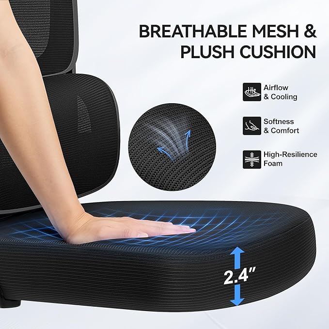 ALLGOD Ergonomic Office Chair, Mesh Desk Chair with Lumbar Support, High Back Home Office Chair with Adjustable Headrest and Flip-Up Arms, Comfortable Computer Chair, Thick Cushion, 300 LBS, Black
