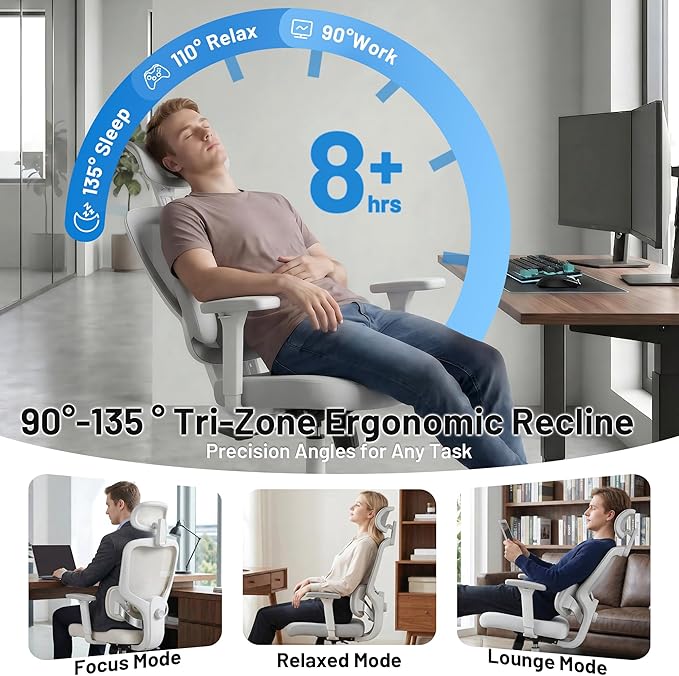Ergonomic Office Desk Chair, High Back Breathable Mesh Computer Chair, 3D Lumbar Support, 2D Headrest & 3D Armrests, 300lbs Heavy Duty Task Chair for Home Office Work Gaming, Gray