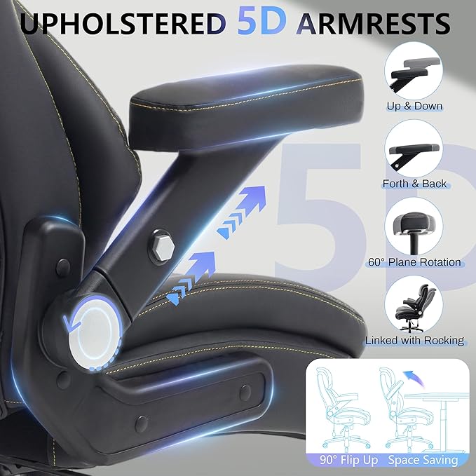 Big and Tall Office Chair 750lbs, Executive Office Chair with Adjustable Headrest&Lumbar Airbag Support, PU Leather High Back Heavy Duty Chair 5D Flip Arms, Ergonomic Thick Spring Cushion, All Black