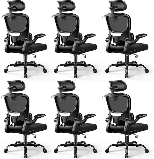 ALLGOD Ergonomic Office Chair, Mesh Desk Chair with Lumbar Support, High Back Home Office Chair with Adjustable Headrest and Flip-Up Arms, Comfortable Computer Chair, Thick Cushion, Black-6 Pack
