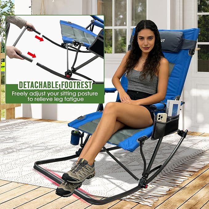 13.8" High Seat Rocking Camping Chair Outdoor with Foot Rest & Headrest, Oversized Folding Rocker Chair with Carry Bag for Lawn Patio Supports 300 lbs