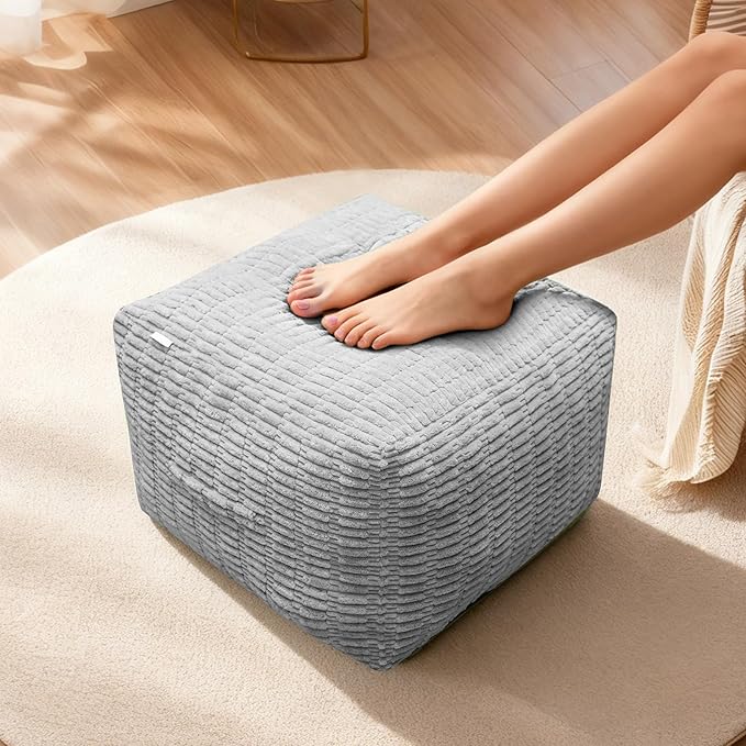 Pouf Ottoman, Soft Corduroy Pouf, Poofy Ottoman Foot Rest，Poufs for Adults, Poofs & Ottomans Furniture, Floor Poof-Chair for Living Room & Bedroom(1PC, Light Grey, 22"×22"×14")