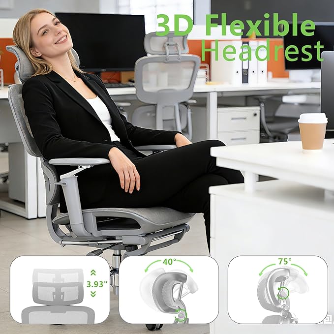 2Pack Ergonomic Office Chair with Footrest,High Back Mesh Desk Chair,Lumbar Support & 90-135°Recline,3D Headrest & 6D Armrests,Swivel Computer Chair for Home Office, Work & Gaming