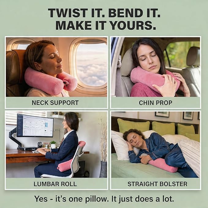 Dot&Dot Twist Memory Foam Travel Pillow for Airplanes - Travel Neck Pillow for Sleeping - Airplane Pillow for Neck Support, Chin, Lumbar and Leg - Adjustable, Bendable Neck Roll Pillow