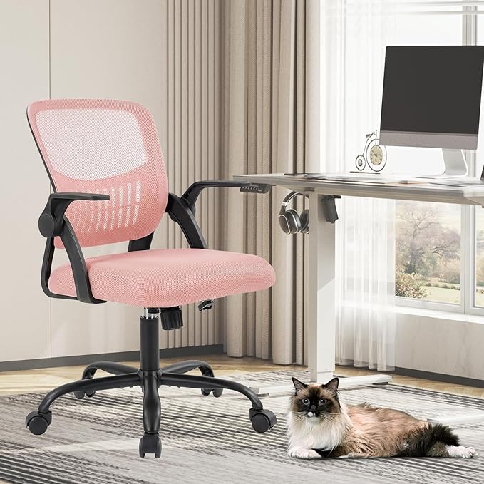 Sweetcrispy Home Office Managerial Executive Chair, Flip Up Armrest Ergonomic Mesh Adjustable Swivel Mid-Back Computer Desk Chair with Comfortable Lumbar Support, Comfy Arms for Bedroom,Blak&Pink