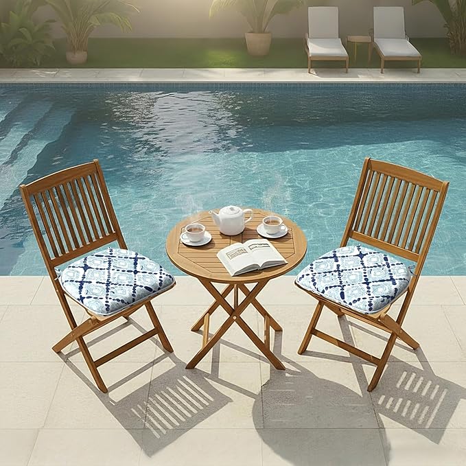 DYTXIII Set of 2 Outdoor Chair Cushions with Ties,Water Repellent Patio Chair Pads 17"x 16" for Outdoor Furniture,Round Corner Seat Cushions for Garden Yard Kitchen Boho Geometry Blue