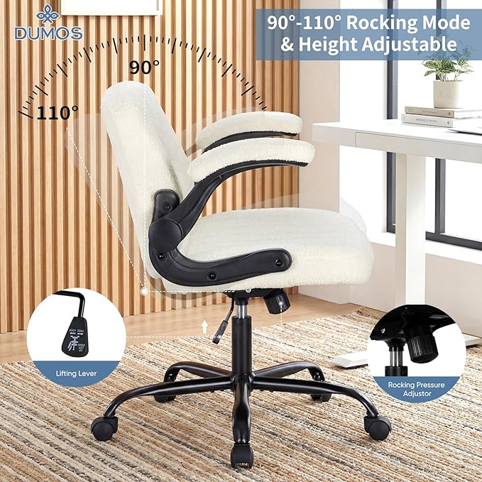 DUMOS Criss Cross Home Office Chair with Wheels, Wide Cross Legged Desk Vanity Chair Comfy Fabric Flip-Up Armrests Adjustable Swivel Chairs for Home Computer Bedroom, Beige