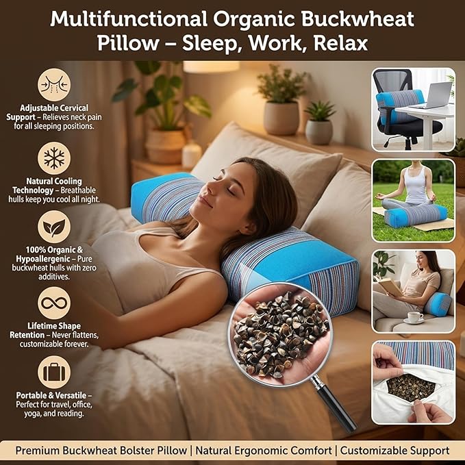 Adjustable Buckwheat Hull Pillow for Neck Pain Relief (21x8x4) Natural Cooling Cervical Support Camping Pillow for Side & Back Sleepers with Night Sweats (Blue)